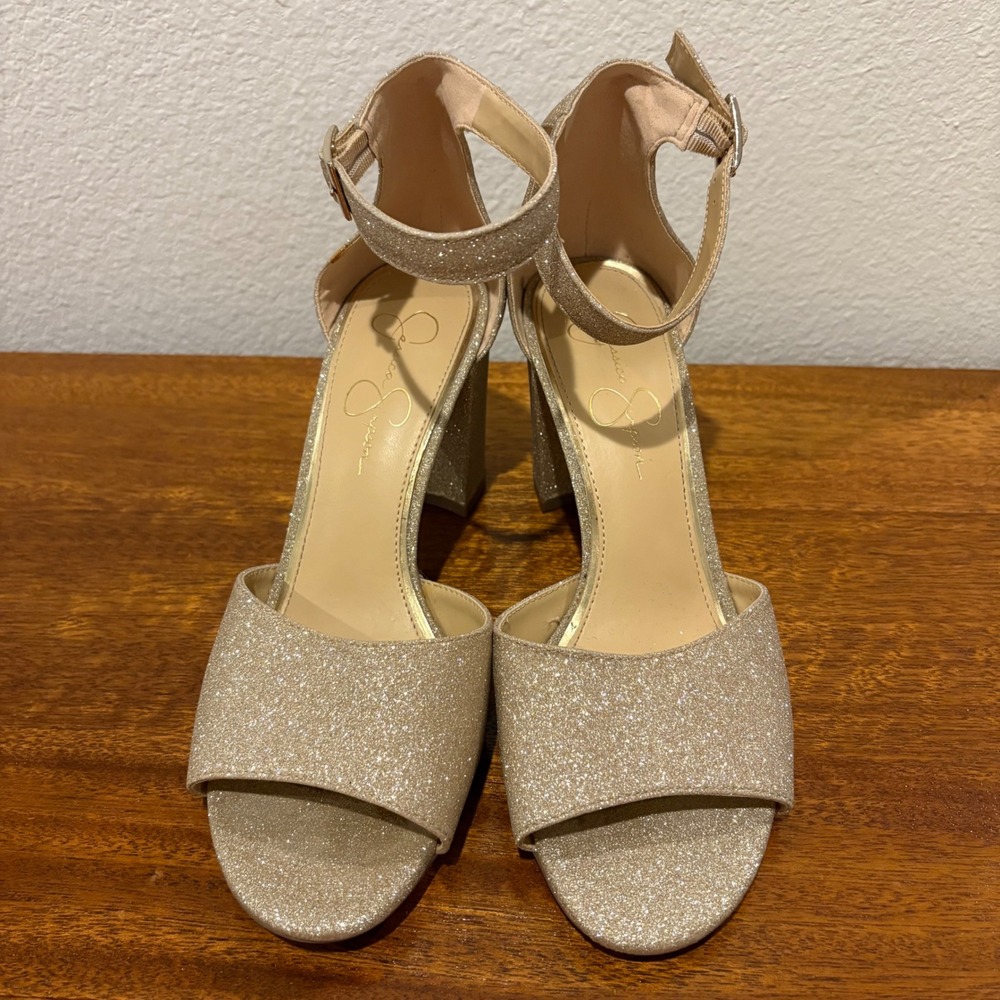Jessica Simpson Sherron Glitter Block Heel Sandal Size 8.5 Gold Metallic Sparkle